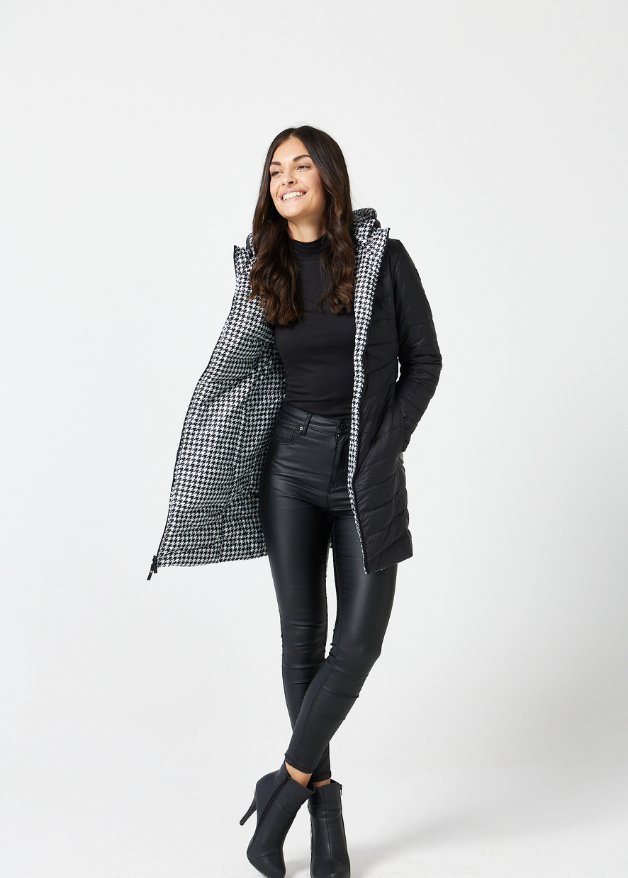 Reversible Black Houndstooth Duck Down Puffer Coat - Duck Apparel