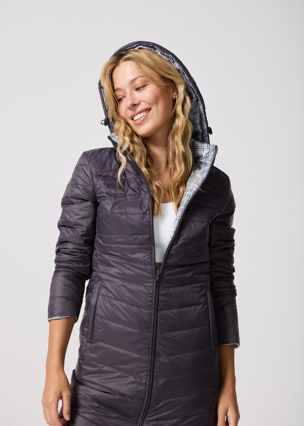 Reversible Charcoal Check Duck Down Puffer Coat - Duck Apparel