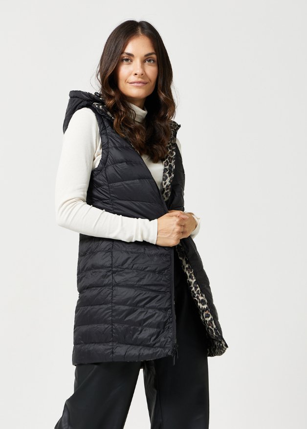 Reversible Classic Leopard Longline Duck Down Puffer Vest - Duck Apparel